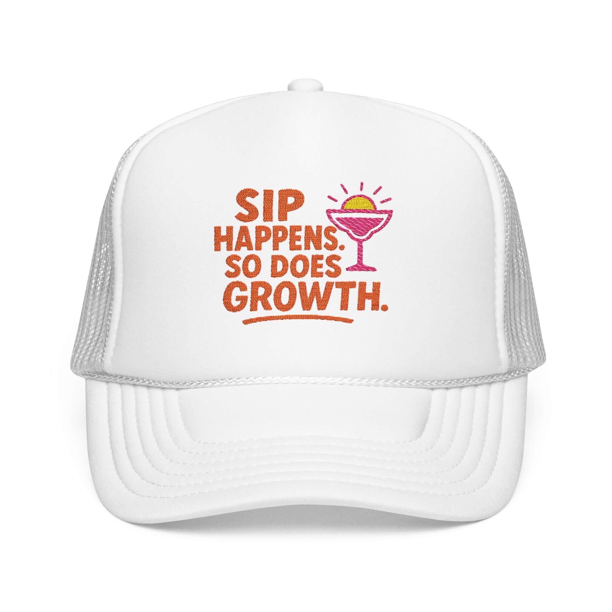 Sip Happens Foam Trucker Hat with vibrant embroidered design for summer fun and style.