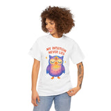 Unisex Third Eye Owl T-Shirt featuring the phrase 'My Intuition Never Lies' worn by a smiling model.