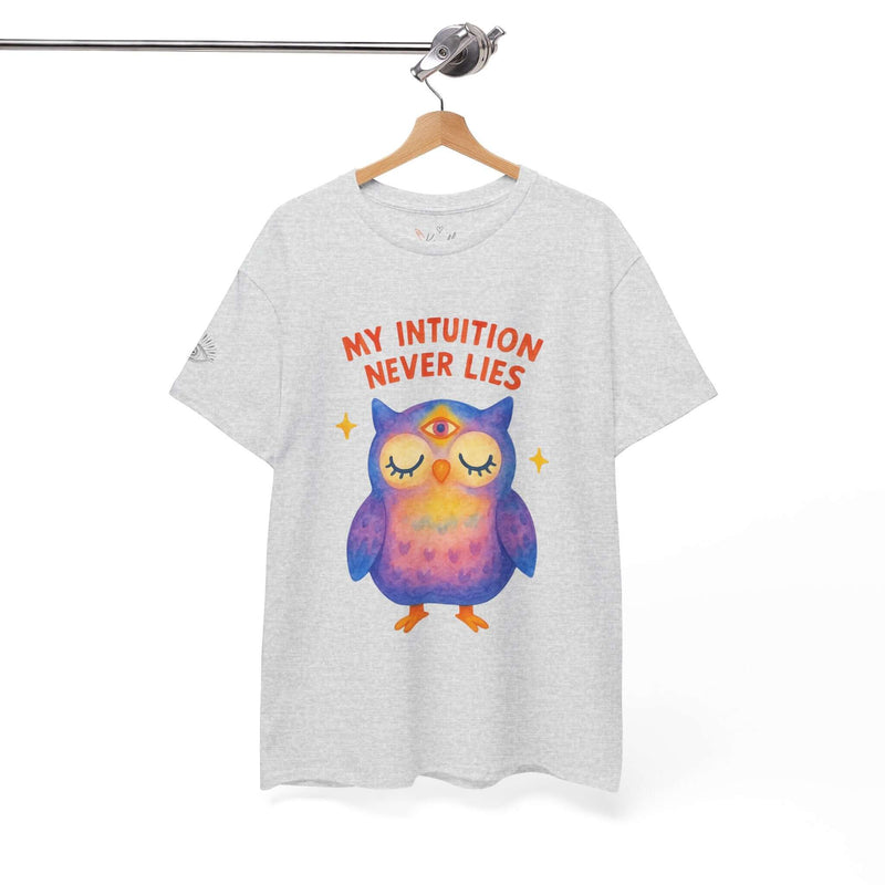 Unisex gray t-shirt featuring an owl design and the phrase 'My Intuition Never Lies'.
