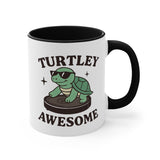 Mug with a turtle graphic and 'Turtley Awesome' text on a white background
