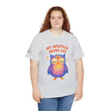Unisex gray t-shirt featuring a colorful owl design and the phrase 'My Intuition Never Lies' for casual wear.
