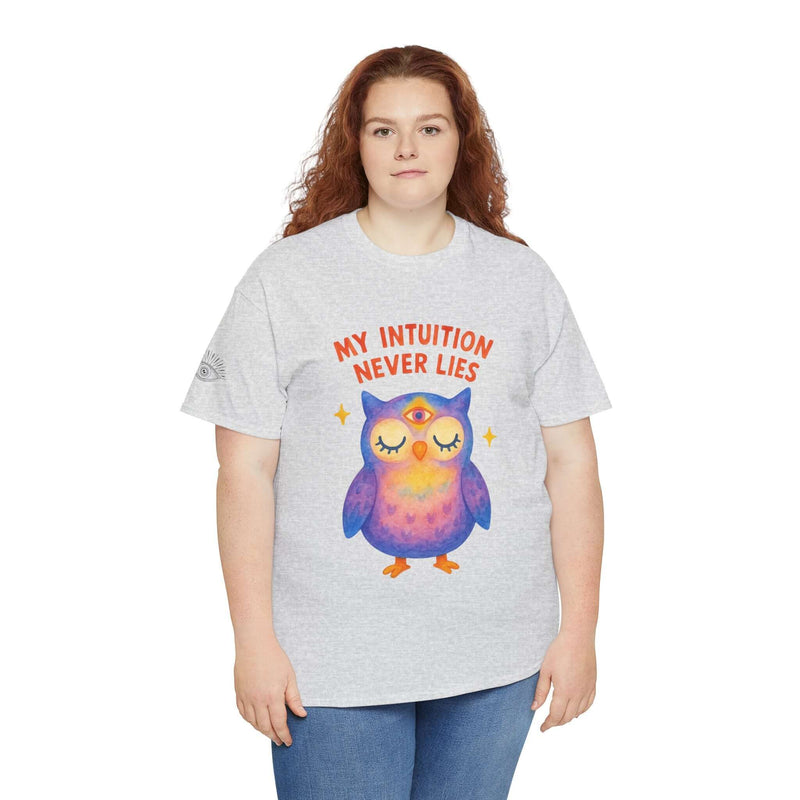 Unisex gray t-shirt featuring a colorful owl design and the phrase 'My Intuition Never Lies' for casual wear.