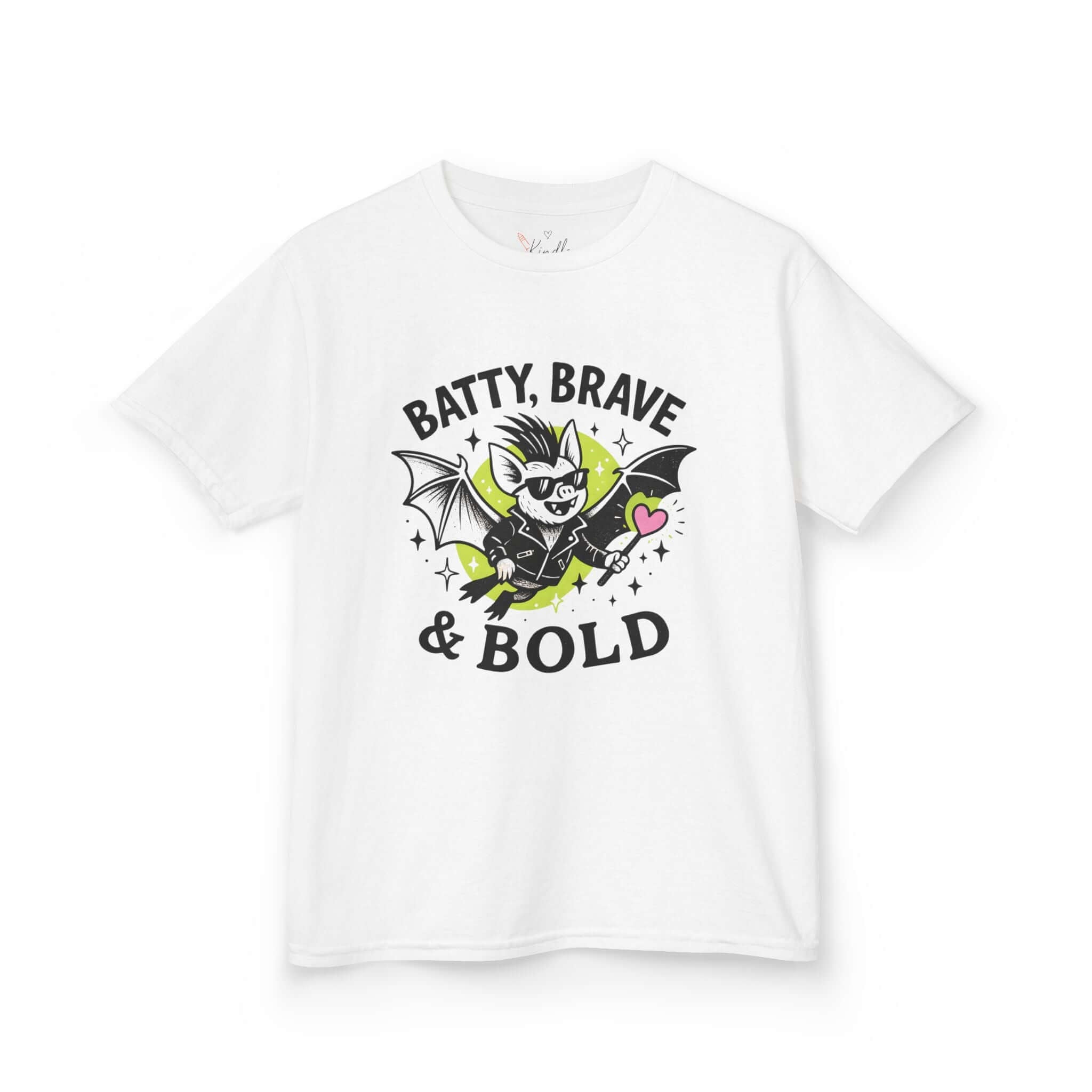 Kids Batty Brave & Bold Tee featuring playful bat graphic, perfect for Halloween fun and everyday adventures.