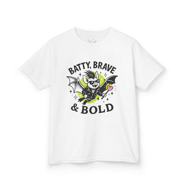 Kids Batty Brave & Bold Tee featuring playful bat graphic, perfect for Halloween fun and everyday adventures.
