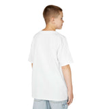 Back view of a child wearing a white heavy cotton kids tee, showcasing its casual style and comfortable fit.