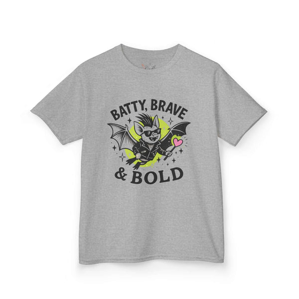 Kids Batty Brave & Bold Tee with playful bat design, perfect for Halloween and everyday wear.