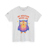 Third Eye Owl T-Shirt featuring the phrase 'My Intuition Never Lies' in vibrant colors on a gray tee.
