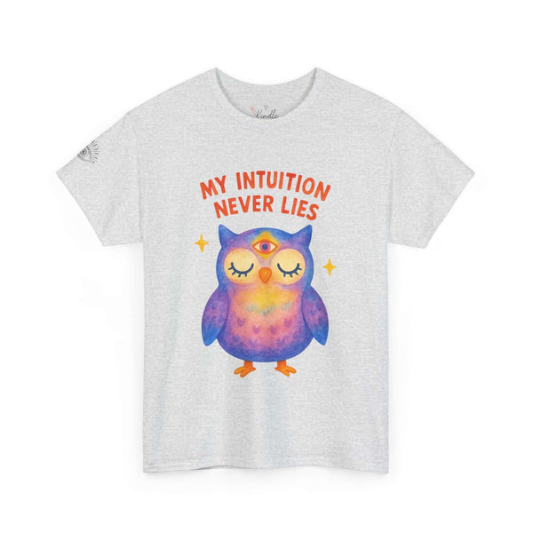 Third Eye Owl T-Shirt featuring the phrase 'My Intuition Never Lies' in vibrant colors on a gray tee.