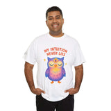 Unisex Third Eye Owl T-Shirt featuring the phrase 'My Intuition Never Lies' on a model, showcasing vibrant colors and comfort.