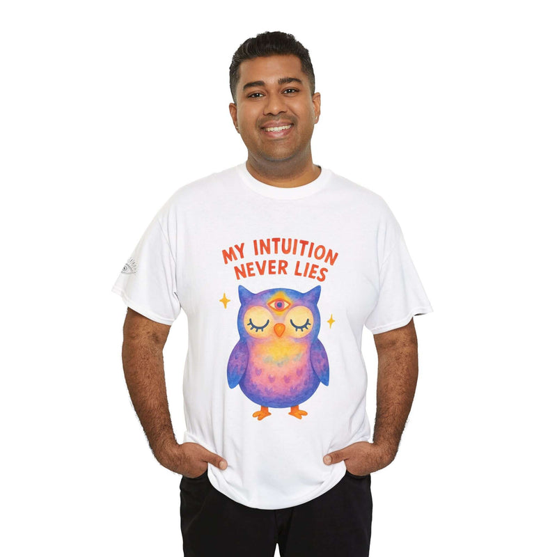 Unisex Third Eye Owl T-Shirt featuring the phrase 'My Intuition Never Lies' on a model, showcasing vibrant colors and comfort.