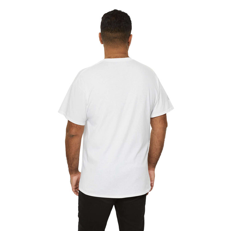 Back view of a man wearing a white unisex t-shirt, showcasing its relaxed fit and casual style.