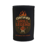 Certified Grill Legend stubby cooler featuring fun text design, ideal for Father's Day gift and outdoor events.