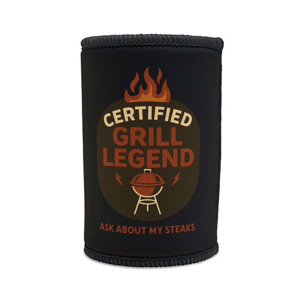 Certified Grill Legend stubby cooler featuring fun text design, ideal for Father's Day gift and outdoor events.