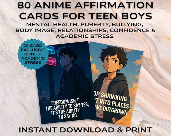 80 Anime Affirmation Cards for Teen Boys | Mental Health, Confidence, Body Image, Puberty, Bullying, Relationships & Academic Stress Set
