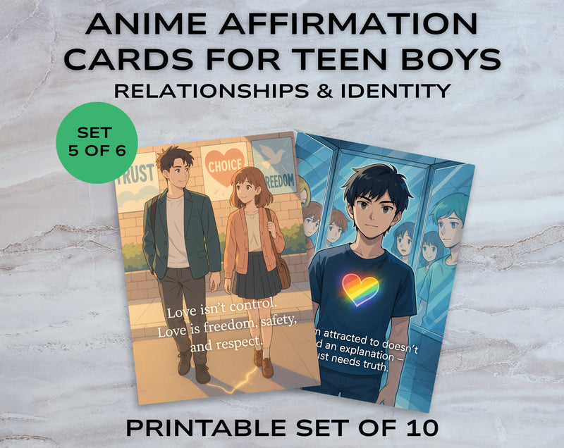 Anime Affirmation Cards for Teen Boys – Relationships & Identity - Printable Mental Health & Self-Esteem Support