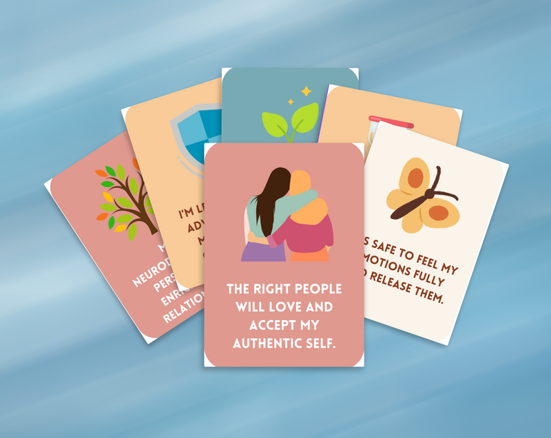 Colorful ADHD affirmation cards promoting self-acceptance and neurodivergent support.