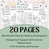 20 pages of affirmation coloring sheets for new parents, offering self-care and emotional support during parenthood.
