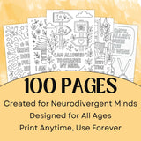 Neurodivergent coloring book bundle with 100 unique affirmation pages for mindfulness and creativity.