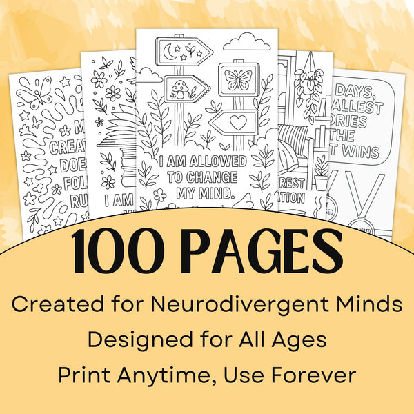 Neurodivergent coloring book bundle with 100 unique affirmation pages for mindfulness and creativity.