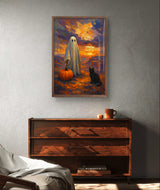 Printable Halloween Wall Art Ghost with Pumpkin and Black Cat at Sunset
