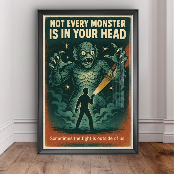 Not Every Monster Is in Your Head Retro Wall Art Print – Mental Health Poster, Vintage Horror Style Printable
