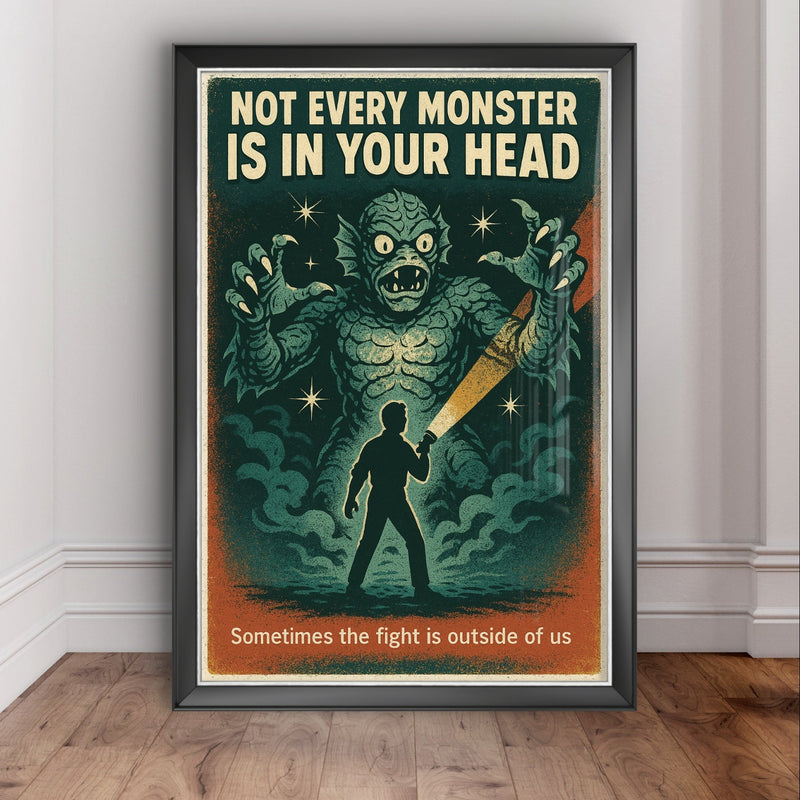Not Every Monster Is in Your Head Retro Wall Art Print – Mental Health Poster, Vintage Horror Style Printable