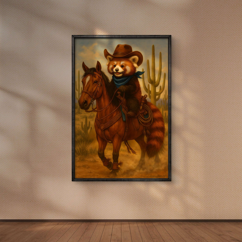 Cowboy Red Panda Digital Art Print,  Western Animal Wall Decor, Cute Rustic Country Style