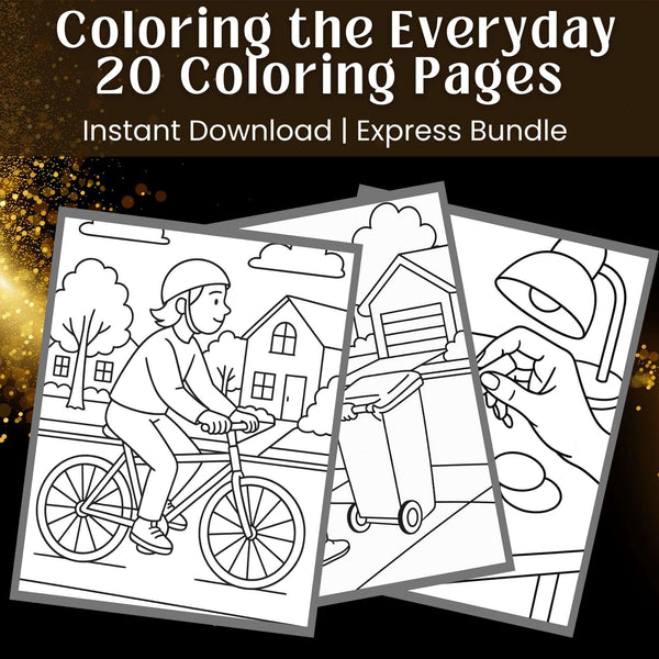 20 printable coloring pages showcasing everyday life scenes for stress relief and mindfulness. Instant download available.