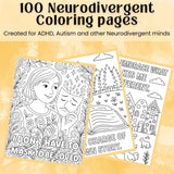 Three coloring pages from a neurodivergent coloring book bundle featuring affirmations and mindfulness themes.