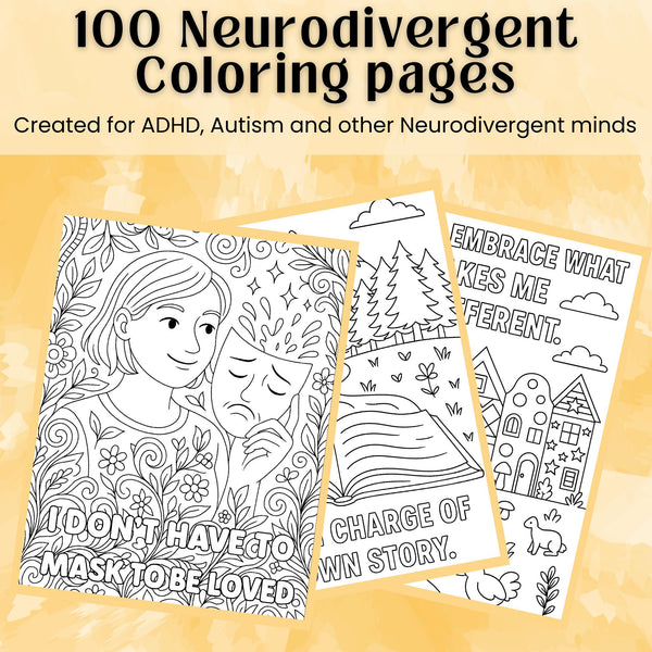 Three coloring pages from a neurodivergent coloring book bundle featuring affirmations and mindfulness themes.