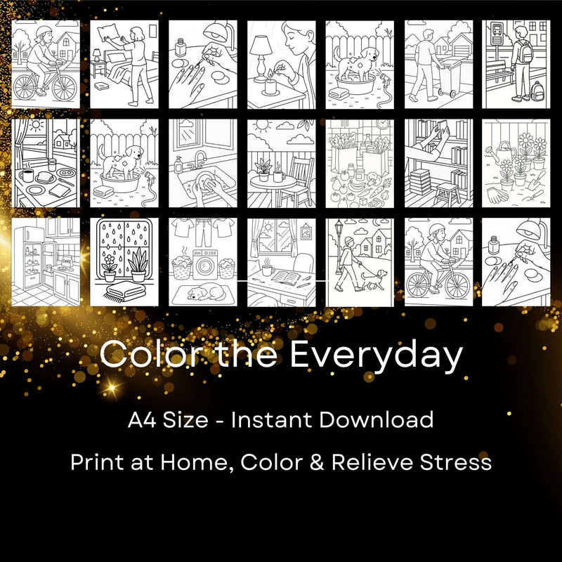 20 printable everyday life coloring pages for stress relief and mindfulness, available as instant download.