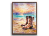 Rustic Cowboy Beach Digital Wall Art – Western Boots Sunset Print, Coastal Landscape Decor