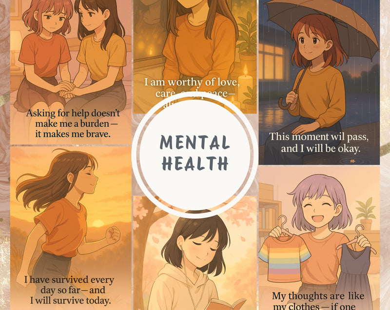 Anime Style Affirmation Cards for Teen Girls Mental Health Support | Set 3 of 6 | Printable A6 PDF PNG Files for Anxiety & Self Worth
