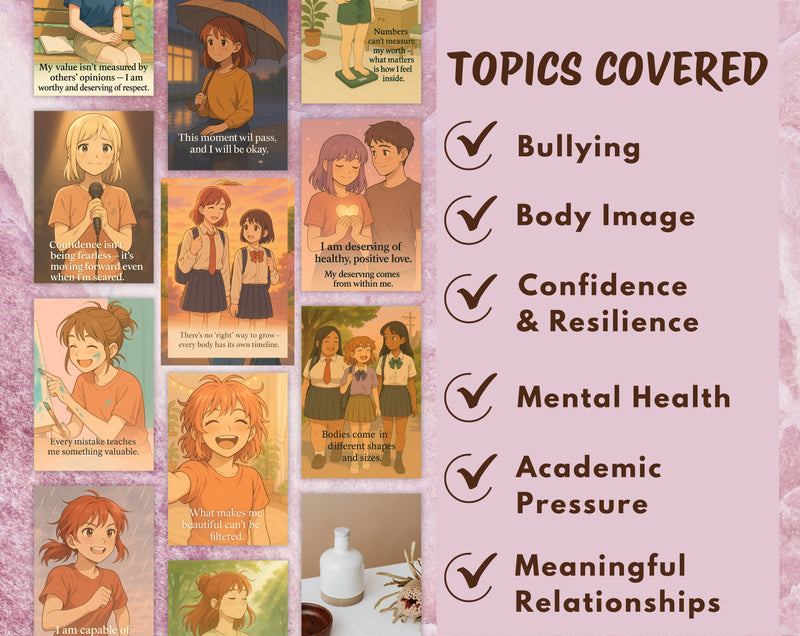 Empowering Teen Girl Affirmation Cards Set of 85 | 6 Topics for Confidence, Body Image, Mental Health & Resilience