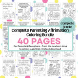 Complete Parenting Affirmation Coloring Bundle with 40 printable self-care pages for parents and caregivers.