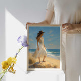 Coastal Cowgirl Wall Art featuring a woman in a dress by the beach, ideal for farmhouse and coastal decor.