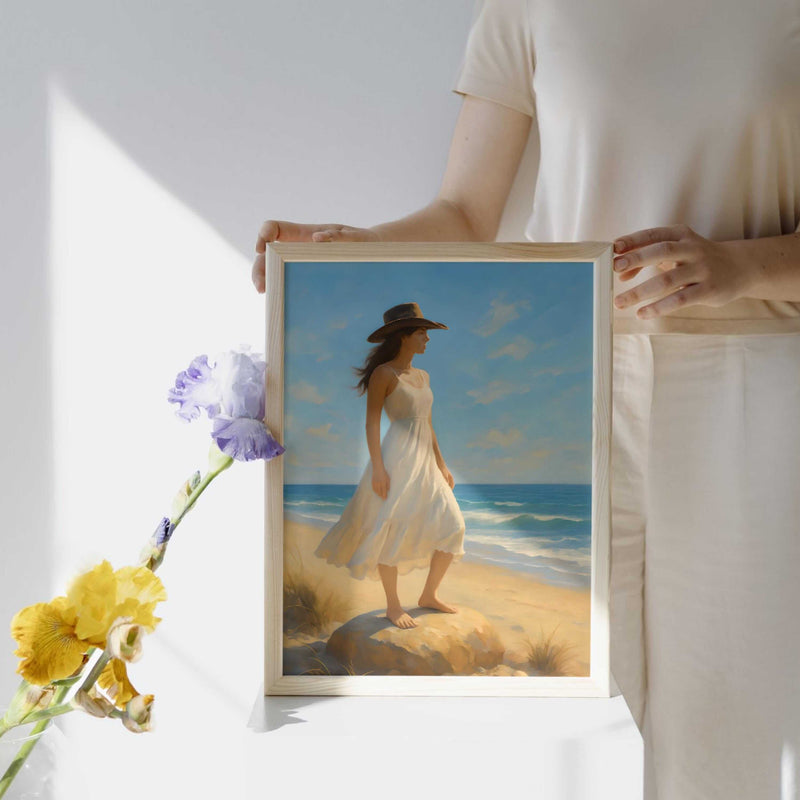 Coastal Cowgirl Wall Art featuring a woman in a dress by the beach, ideal for farmhouse and coastal decor.
