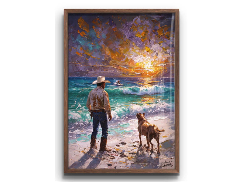 Cowboy & Dog Digital Wall Art Print – Western Sunset Seascape for Rustic Beach Decor