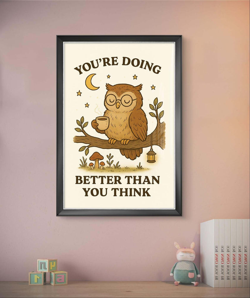 Owl Inspirational Wall Art – “You’re Doing Better Than You Think” Woodland Animal Printable