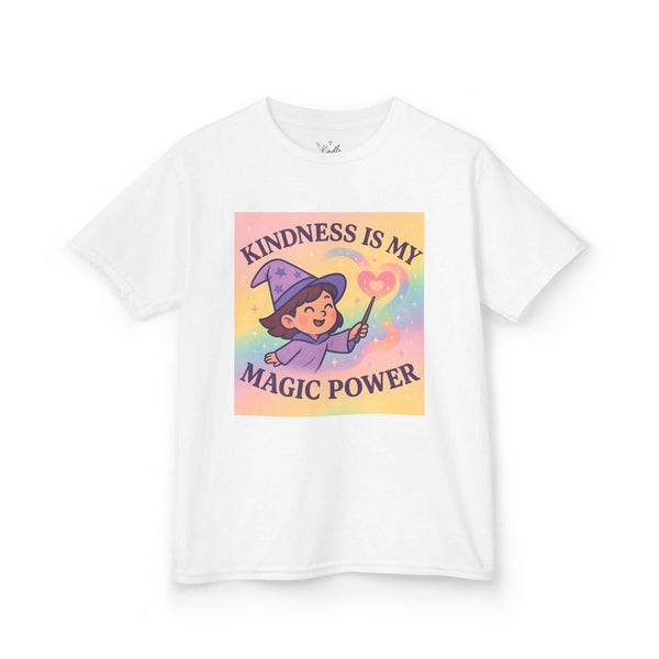 Kids Magical Kindness Tee featuring whimsical design with 'Kindness is My Magic Power' for joyful everyday wear.