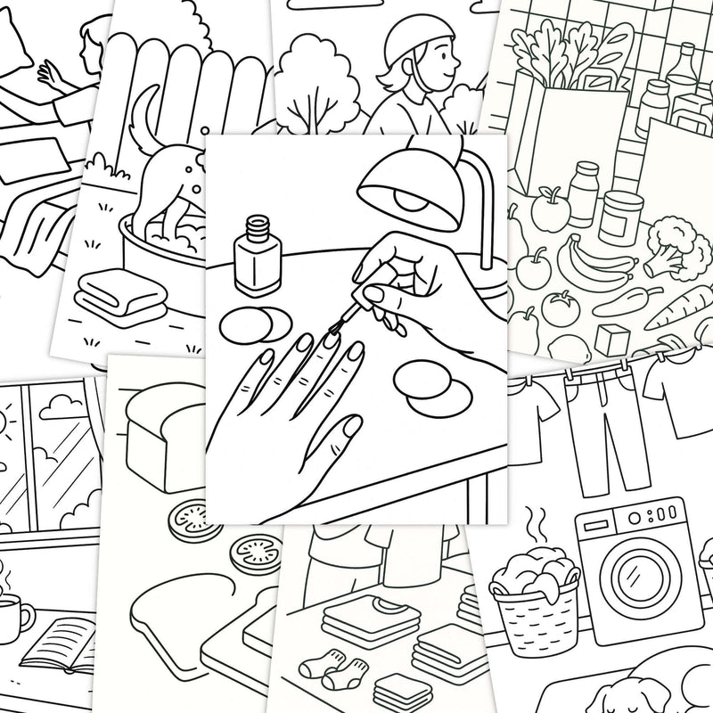 Coloring pages showcasing relaxing daily life scenes for stress relief and mindfulness activities.
