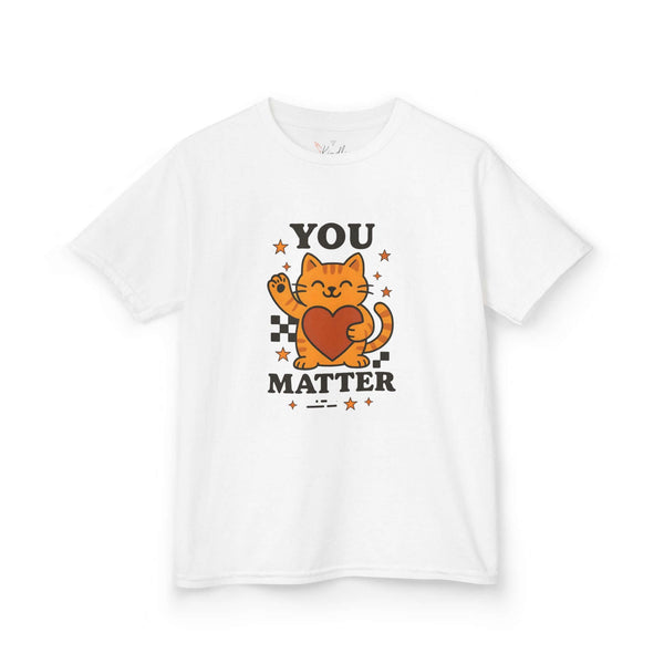 You Matter Kids Tee featuring a cartoon cat design, ideal children's gift for positivity and self-love.