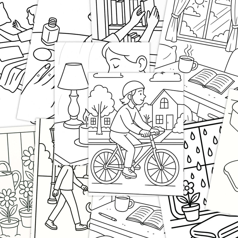 Collage of 20 relaxing everyday life coloring pages for stress relief and mindfulness with heartwarming scenes.