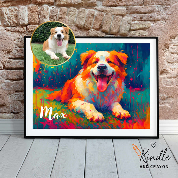 Custom colorful pet portrait of Max, a happy dog, in vibrant abstract style with bright rainbow colors.