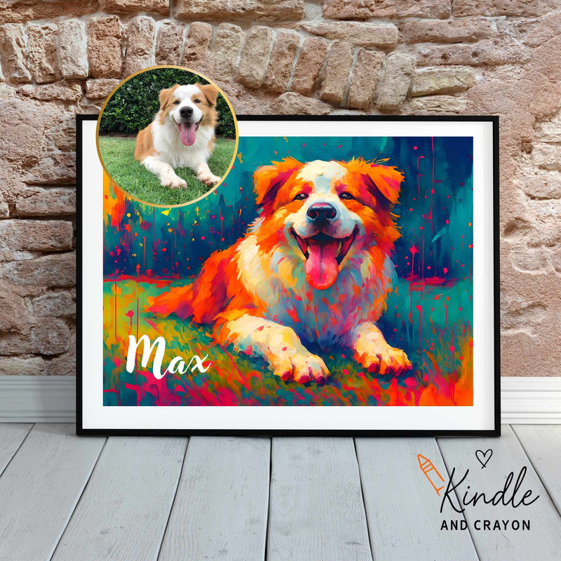 Custom colorful pet portrait of Max, a happy dog, in vibrant abstract style with bright rainbow colors.