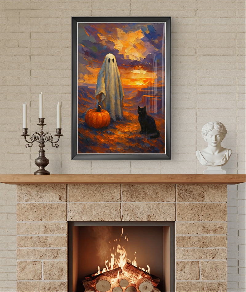 Printable Halloween Wall Art Ghost with Pumpkin and Black Cat at Sunset