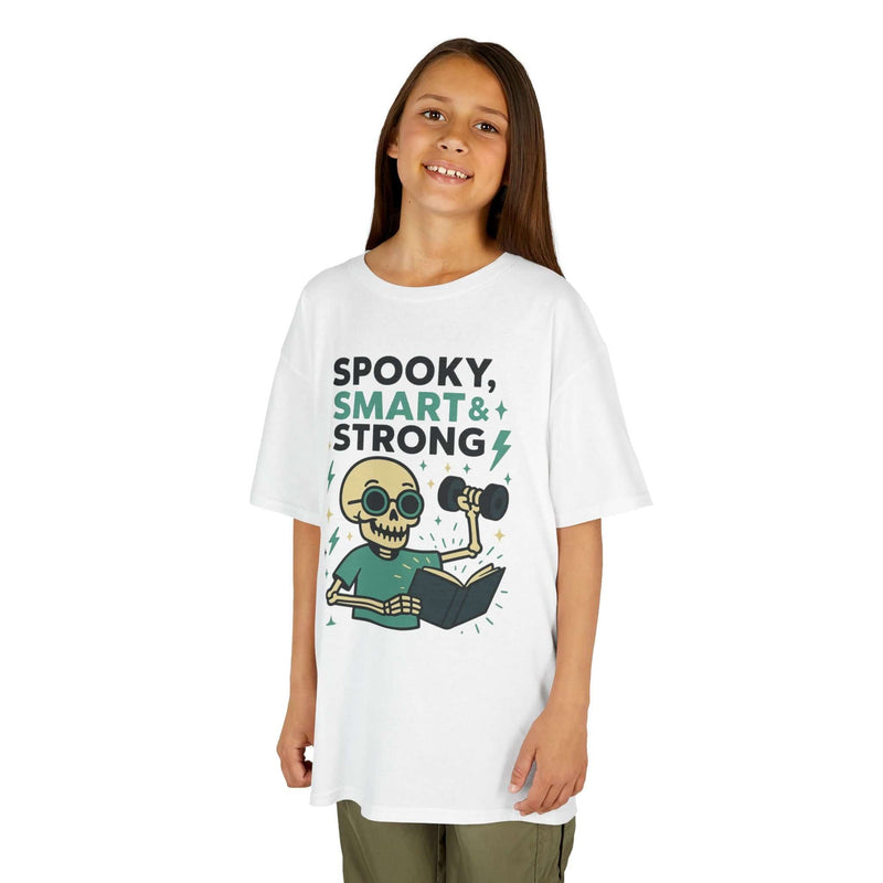 Kids spooky themed tee featuring a skeleton design with the words 'Spooky, Smart & Strong'