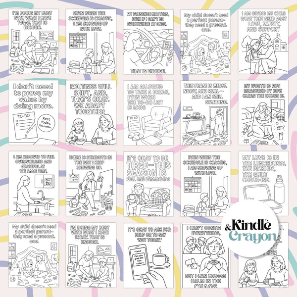 20 printable affirmation coloring pages for parents promoting self-care and mindfulness during busy school years.