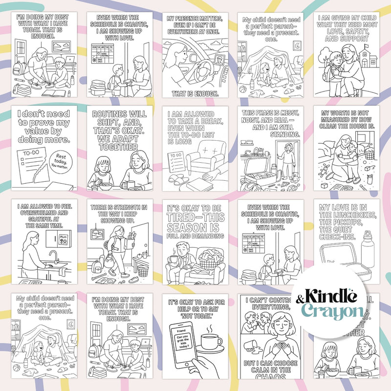 20 printable affirmation coloring pages for parents promoting self-care and mindfulness during busy school years.