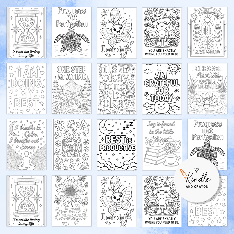 Printable stress relief coloring sheets with affirmations for mindfulness and self-care for teens and adults.